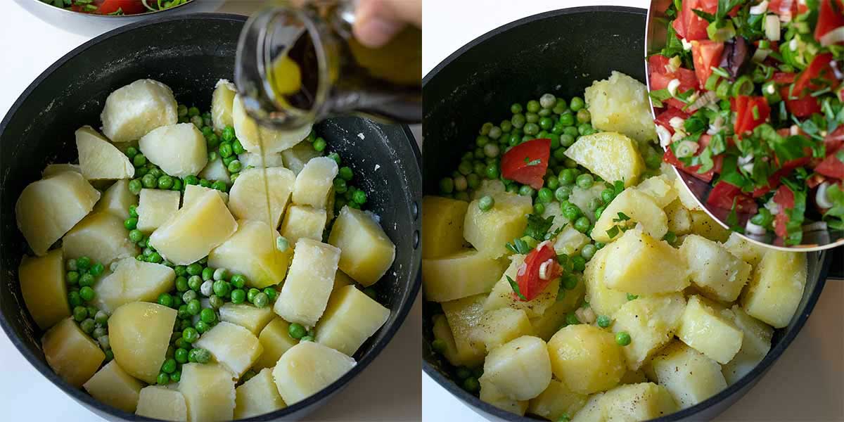 Process shot: adding the vegetables to the potatoes.