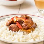 Close image of Greek sausage and peppers stew.