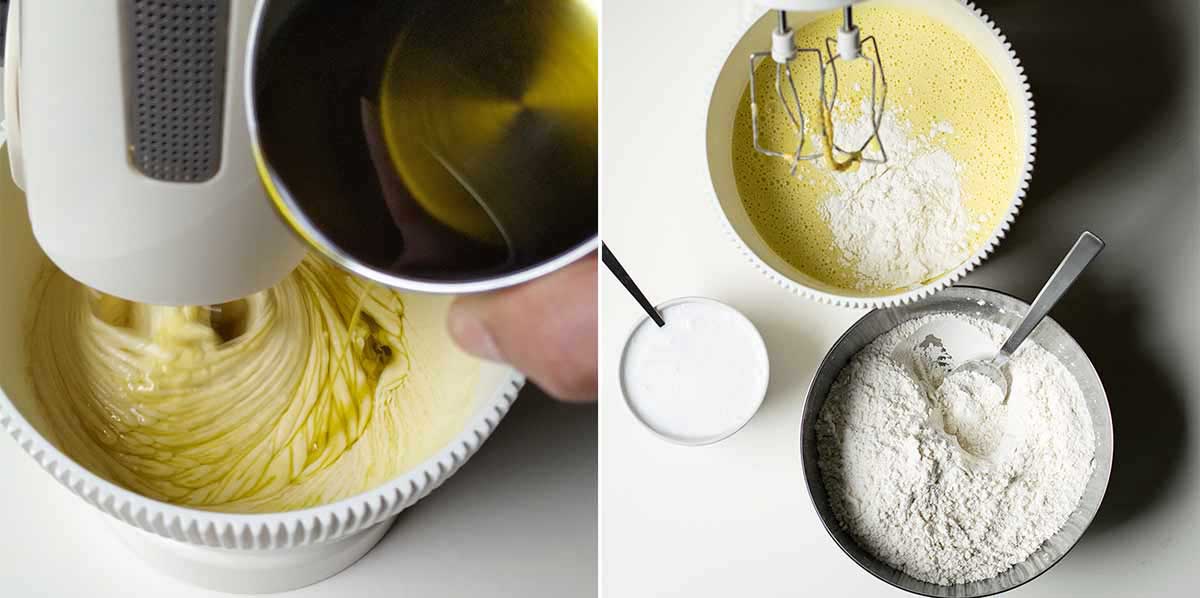 Process images. How to add the olive oil following by the dry ingredients and the yogurt.