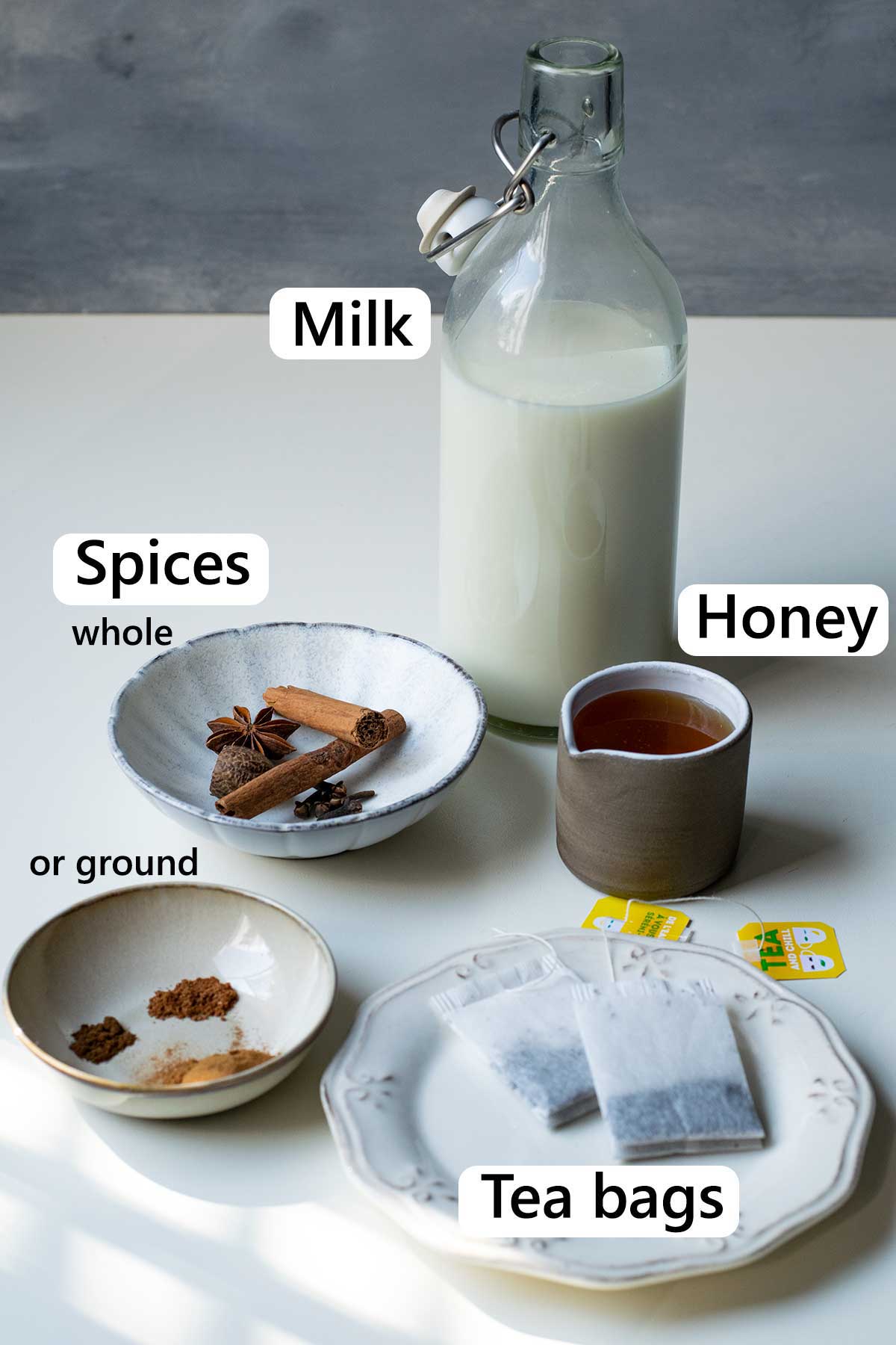 Ingredients used to make chai tea latte.