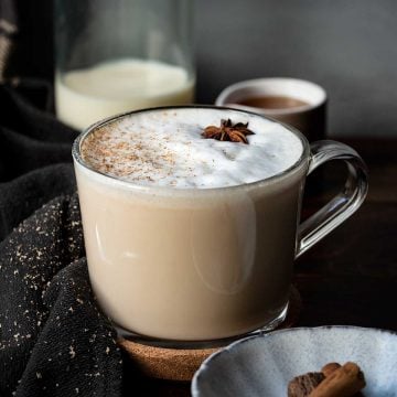 Easy, homemade chai latte in a mug.