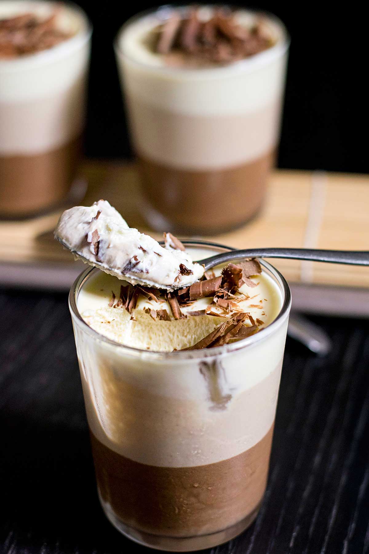 chocolate_trilogy_dessert_4 Close shot of a serving glass with triple chocolate mousse dessert.