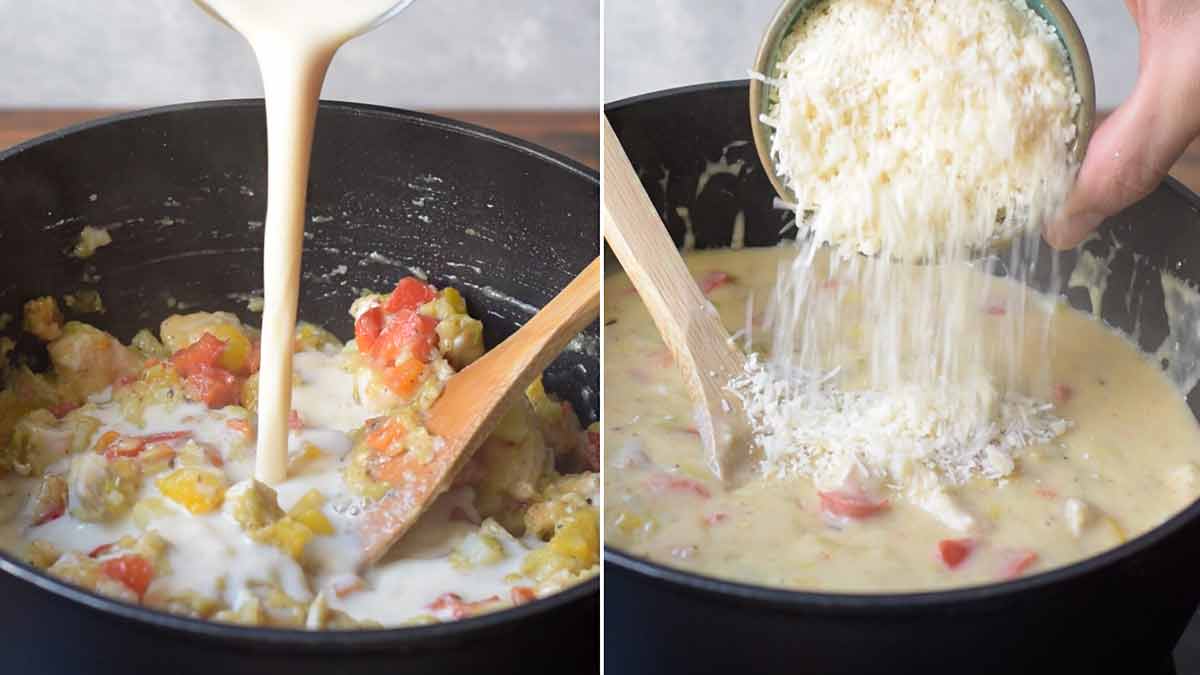 A hand adds milk and grated Parmesan cheese to the chicken pot pie filling.