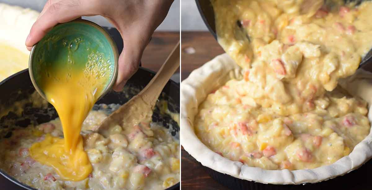 Mixing the egg into the filling and pouring the chicken filling over the pie.