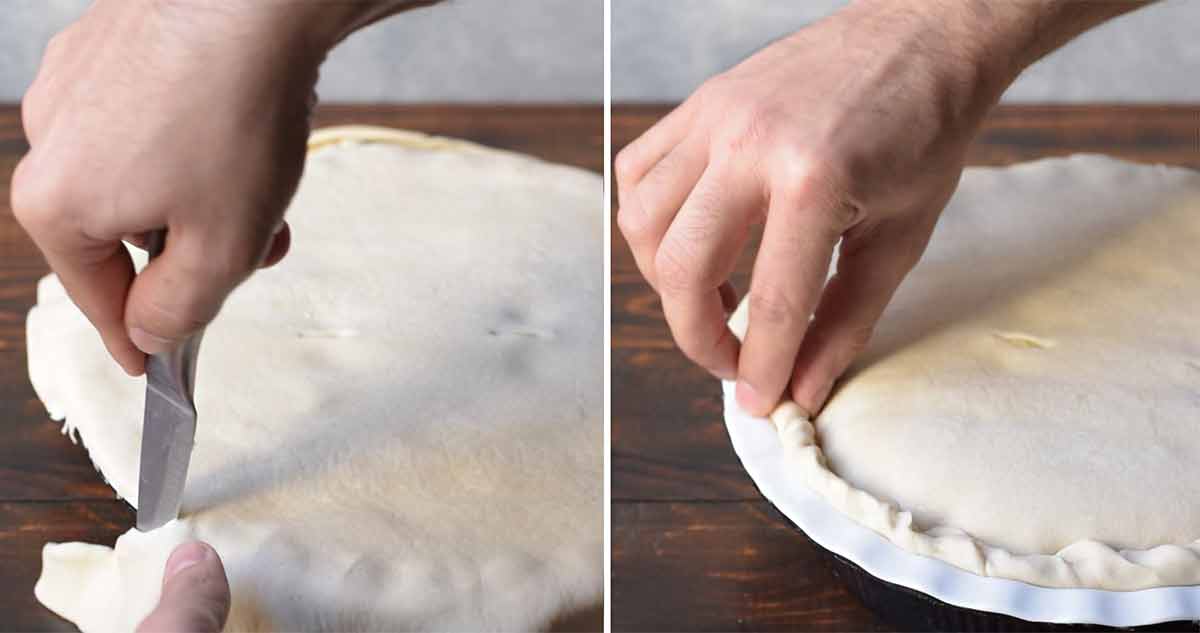 A hand trimming the excess puff pastry and pinching together the top and bottom crust.