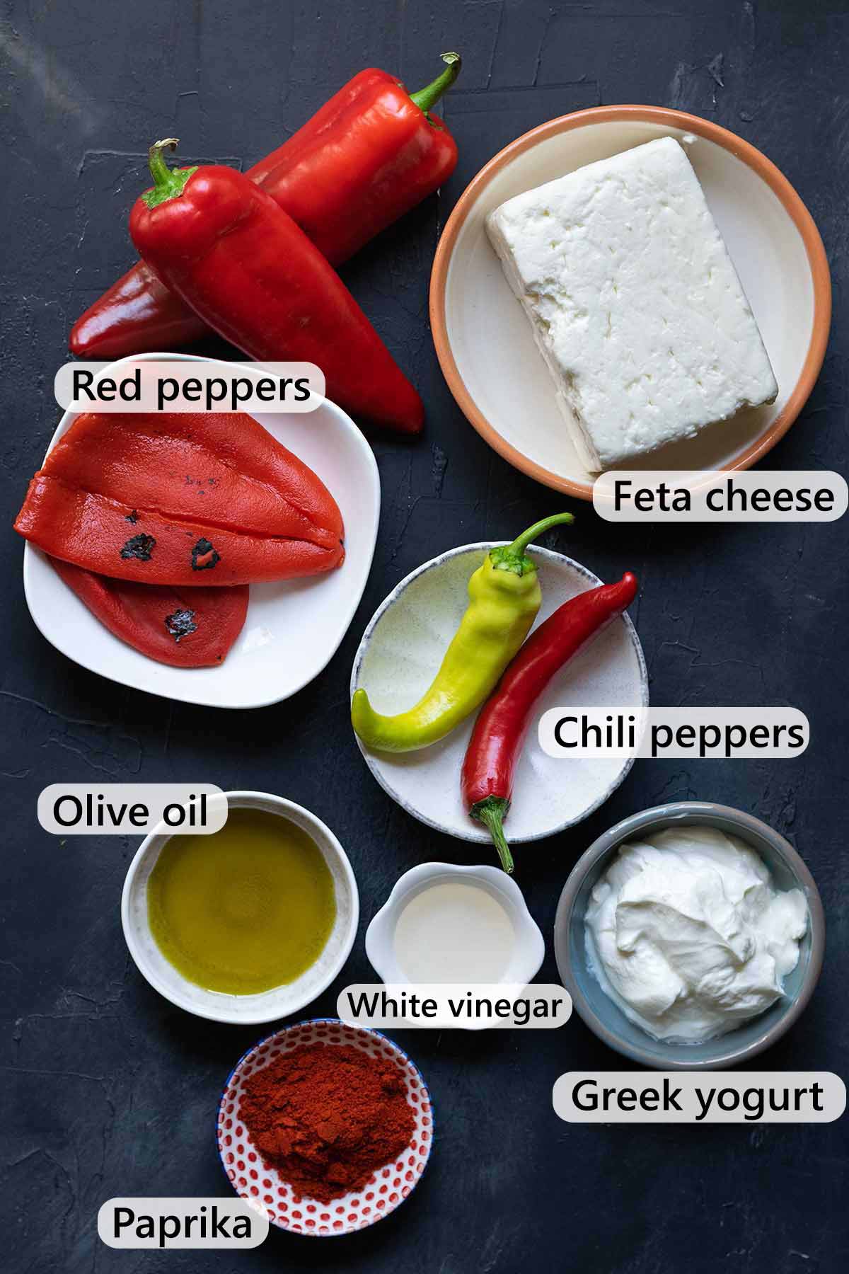 Ingredients for Greek spicy feta dip with red peppers (Tirokafteri).