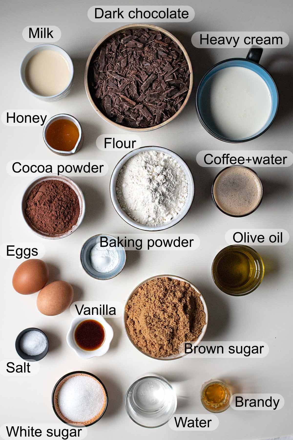 Ingredients for chocolate mousse cake.