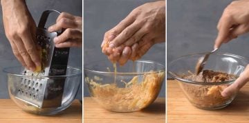 Hands grating apples, a hand squeezing the grated apples and a hand mixing the apple filling.