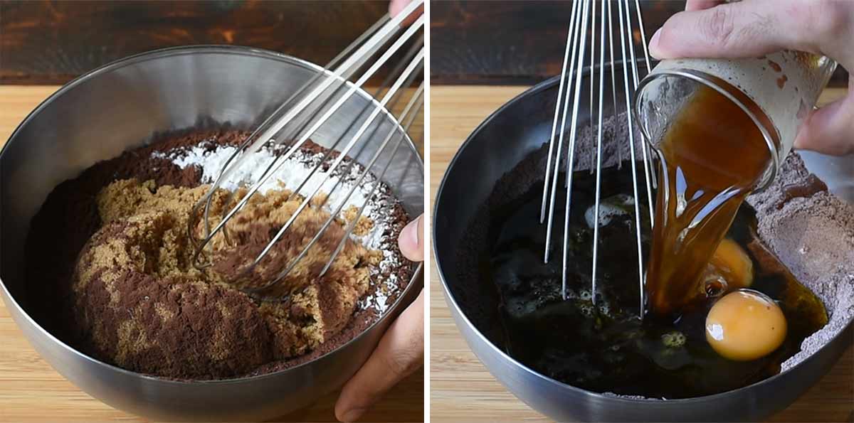 Images collage: A whisk mixing the dry ingredients and a whisk mixing the cake batter