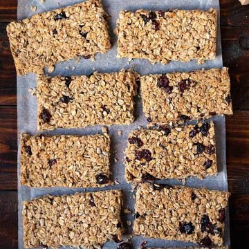 Oatmeal bars also called granola bars on a piece of parchment paper.