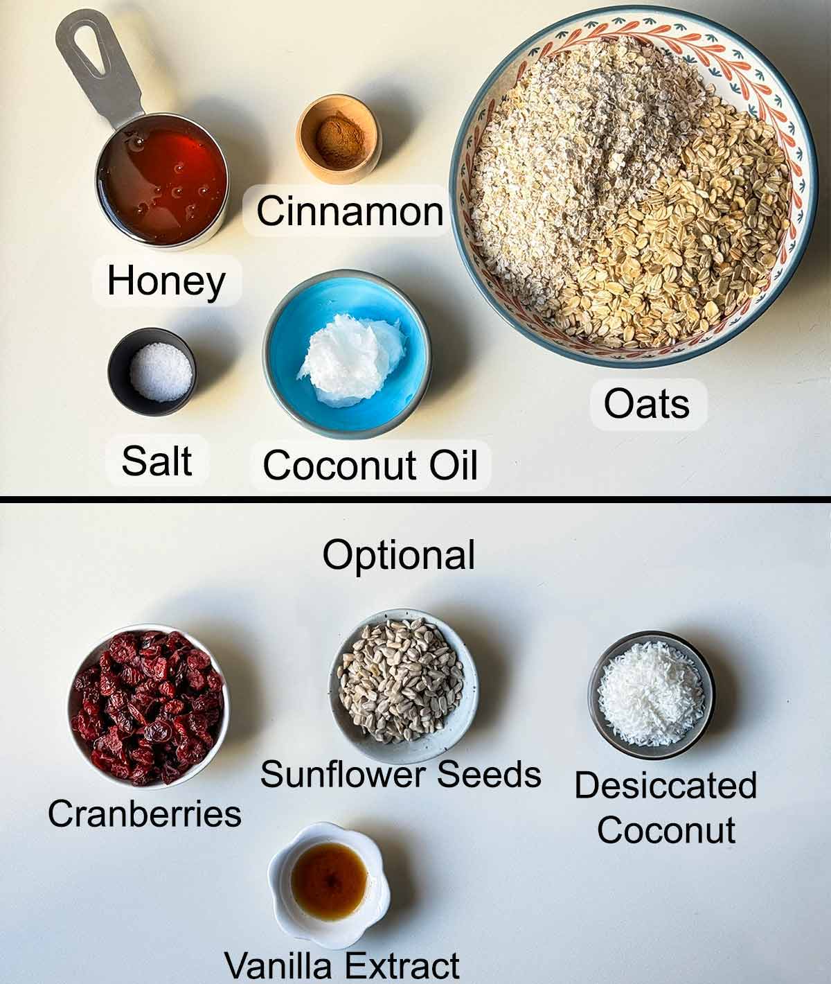 Ingredients for oatmeal bars (also known as granola bars).