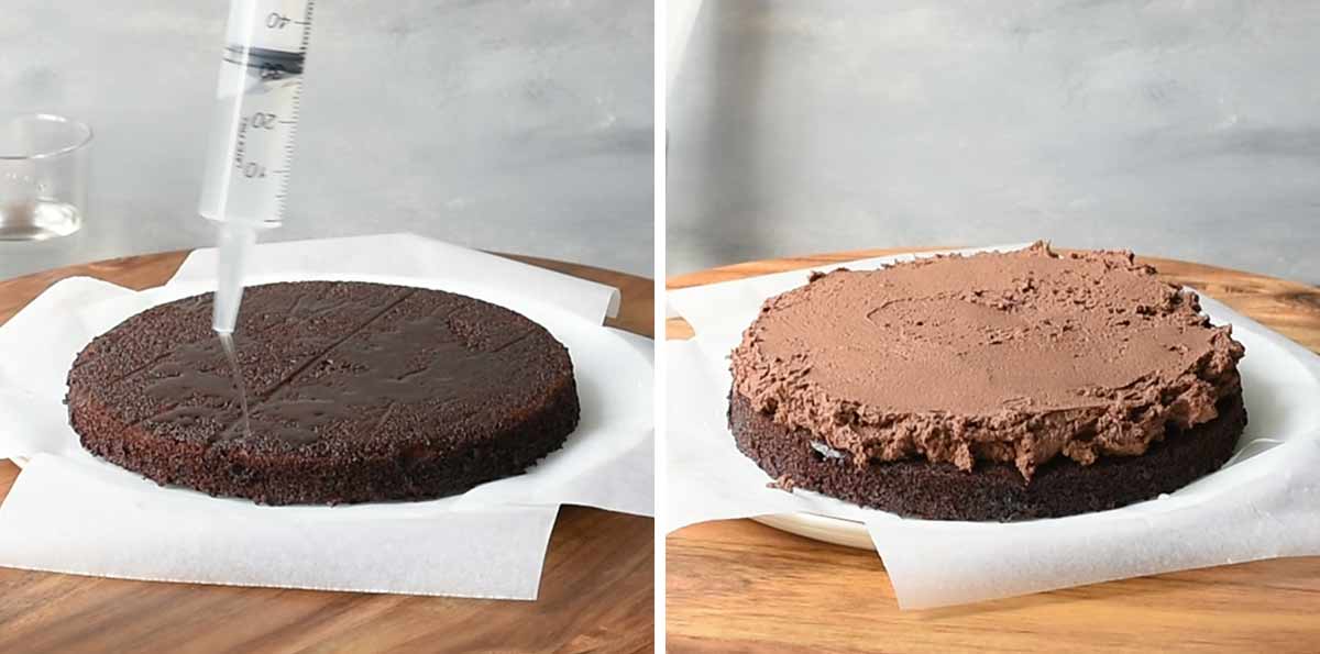 Image collage: A syringe drizzling syrup on the cake and a cake layer with mousse filling.