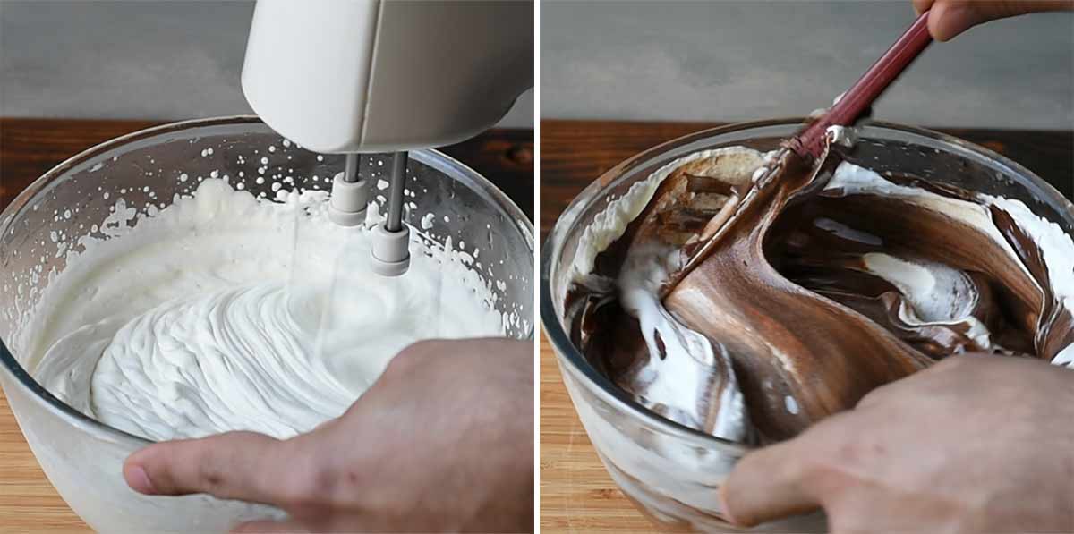 Image collage: A mixer whipping heavy cream and a spatula folding melted chocolate into the whipped cream.