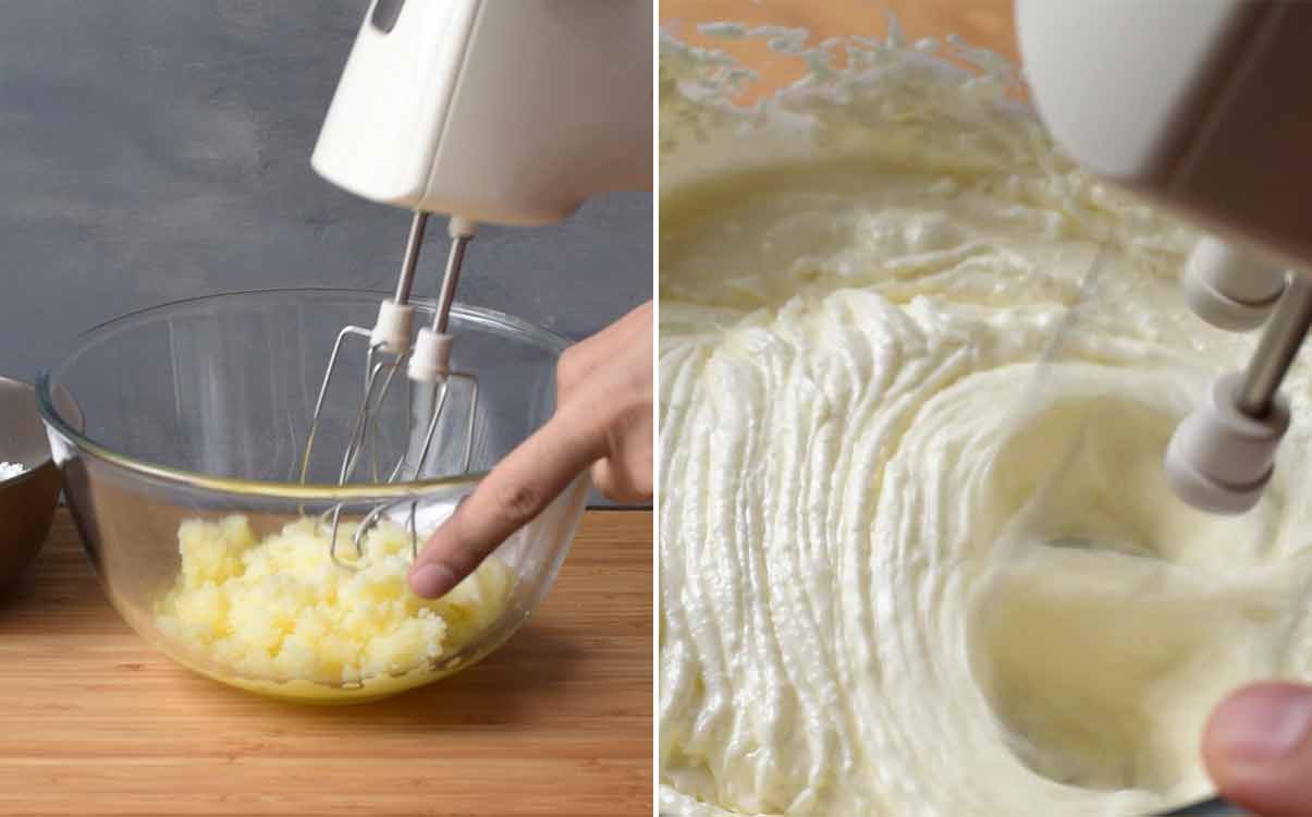 An electric mixer beating butter and icing sugar.