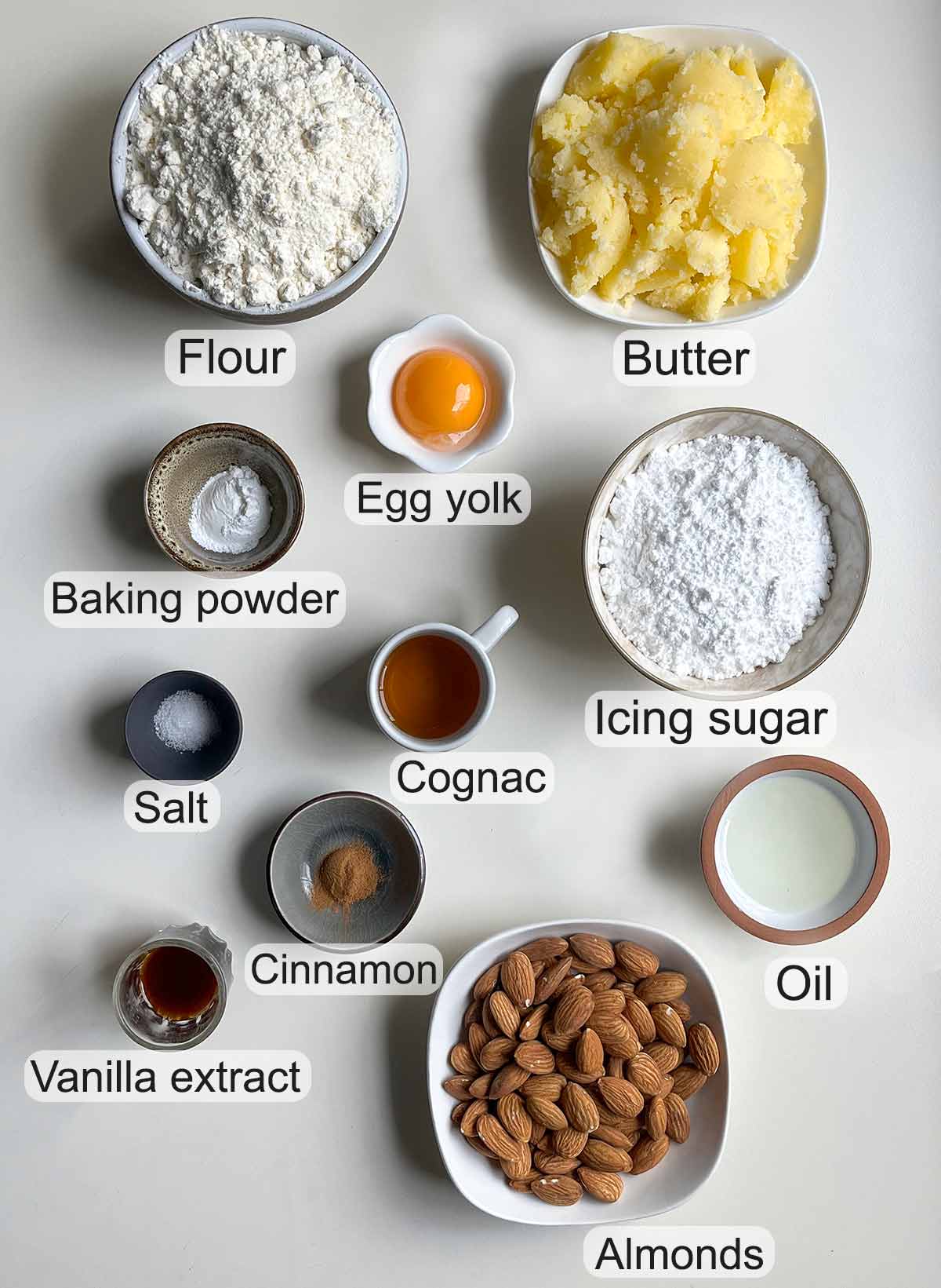 Ingredients for Kourabiedes cookies.