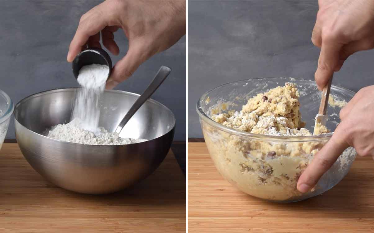 A hand adding baking powder to a bowl with flour and a hand mixing the cookie dough.