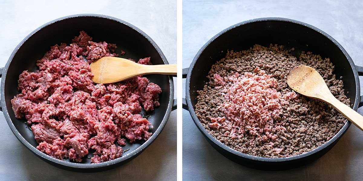 Process shot showing how to toast the ground beef.