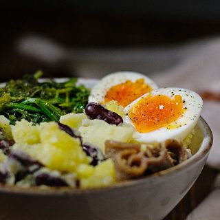 potato-mash-with-red-beans-egg-and-mustard-greens