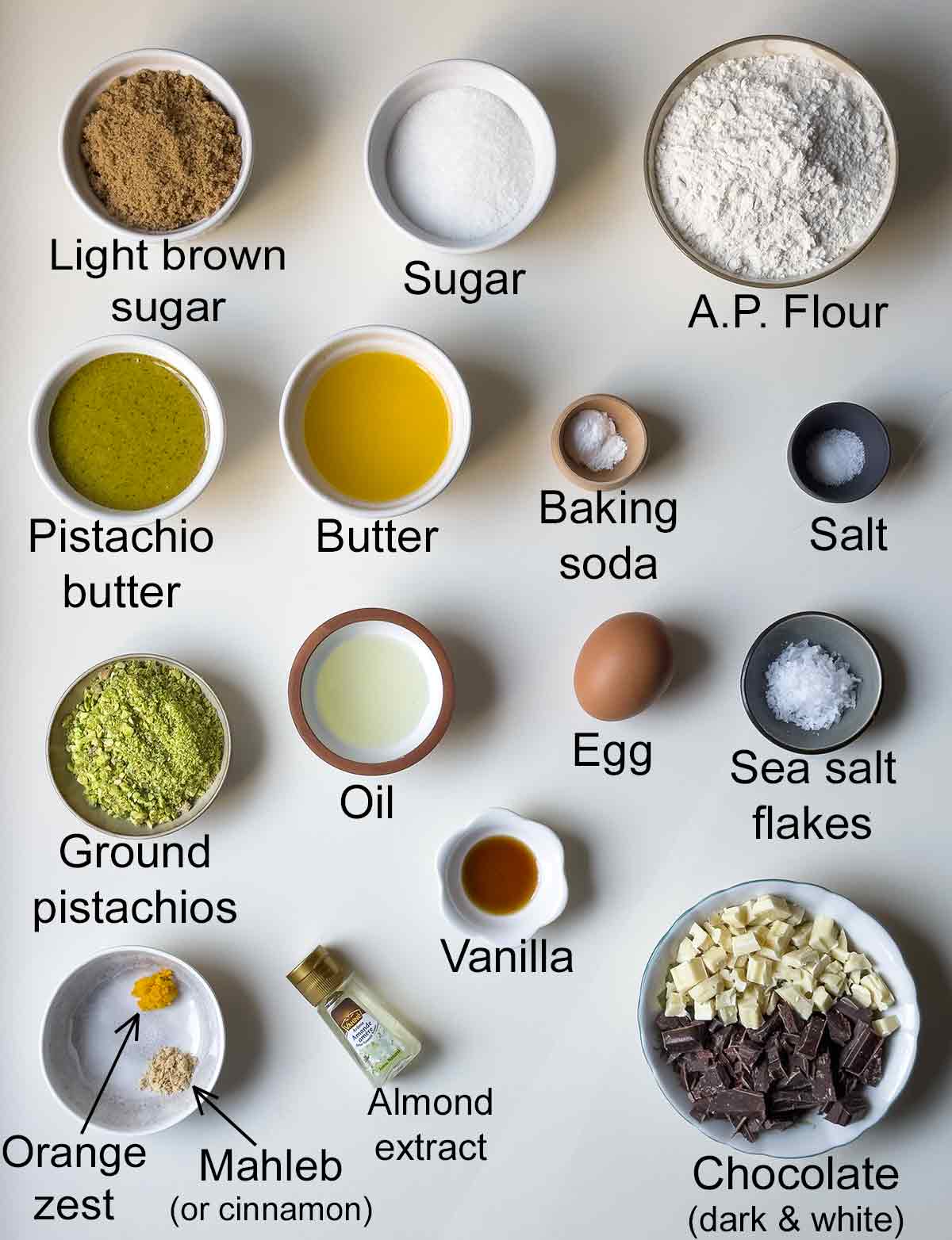 Labeled ingredients for pistachio chocolate chip cookies.