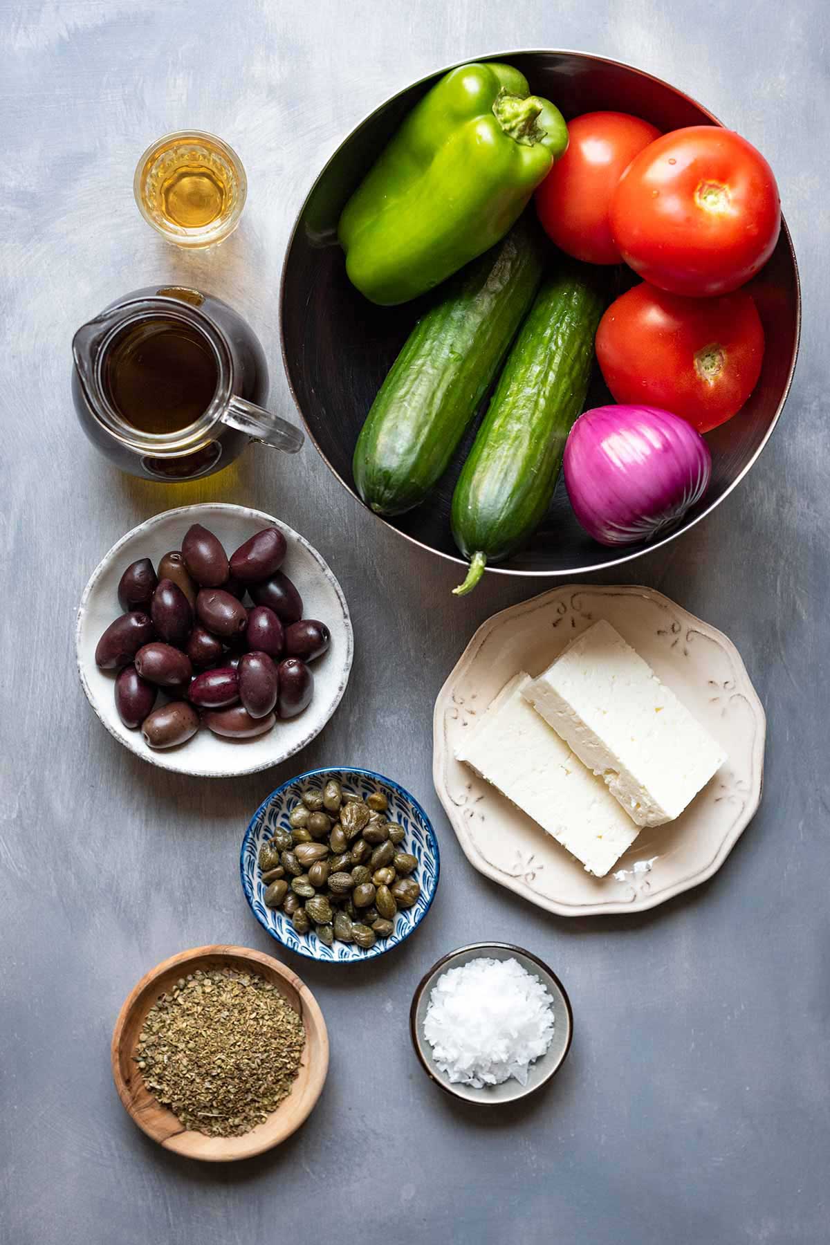 This image shows the basic ingredients for Greek salad.