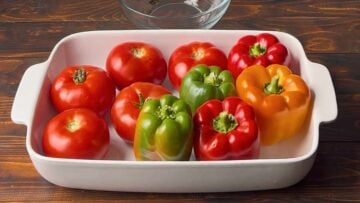 Bell peppers and tomatoes in a casserole dish.