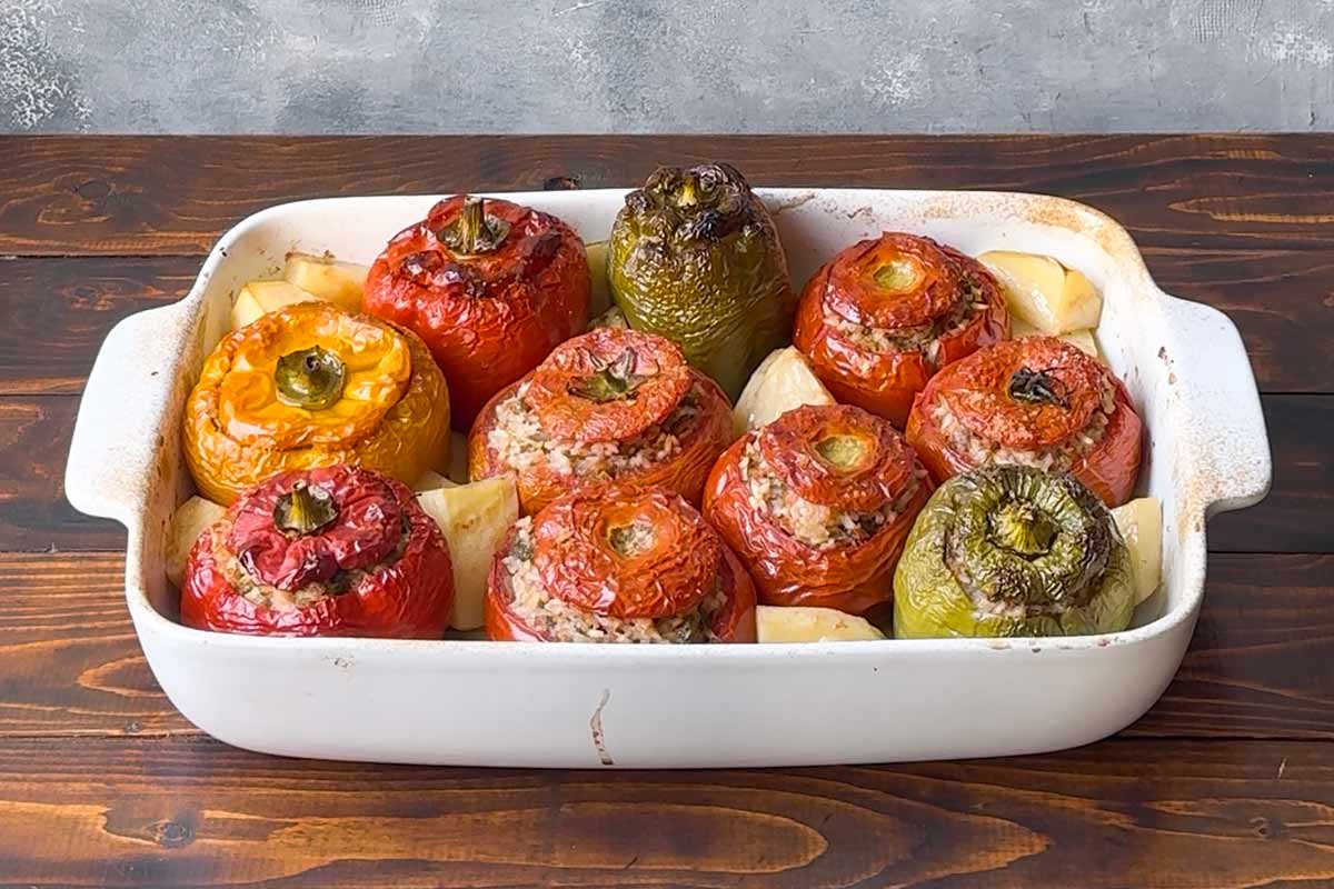Baked stuffed tomatoes and peppers.