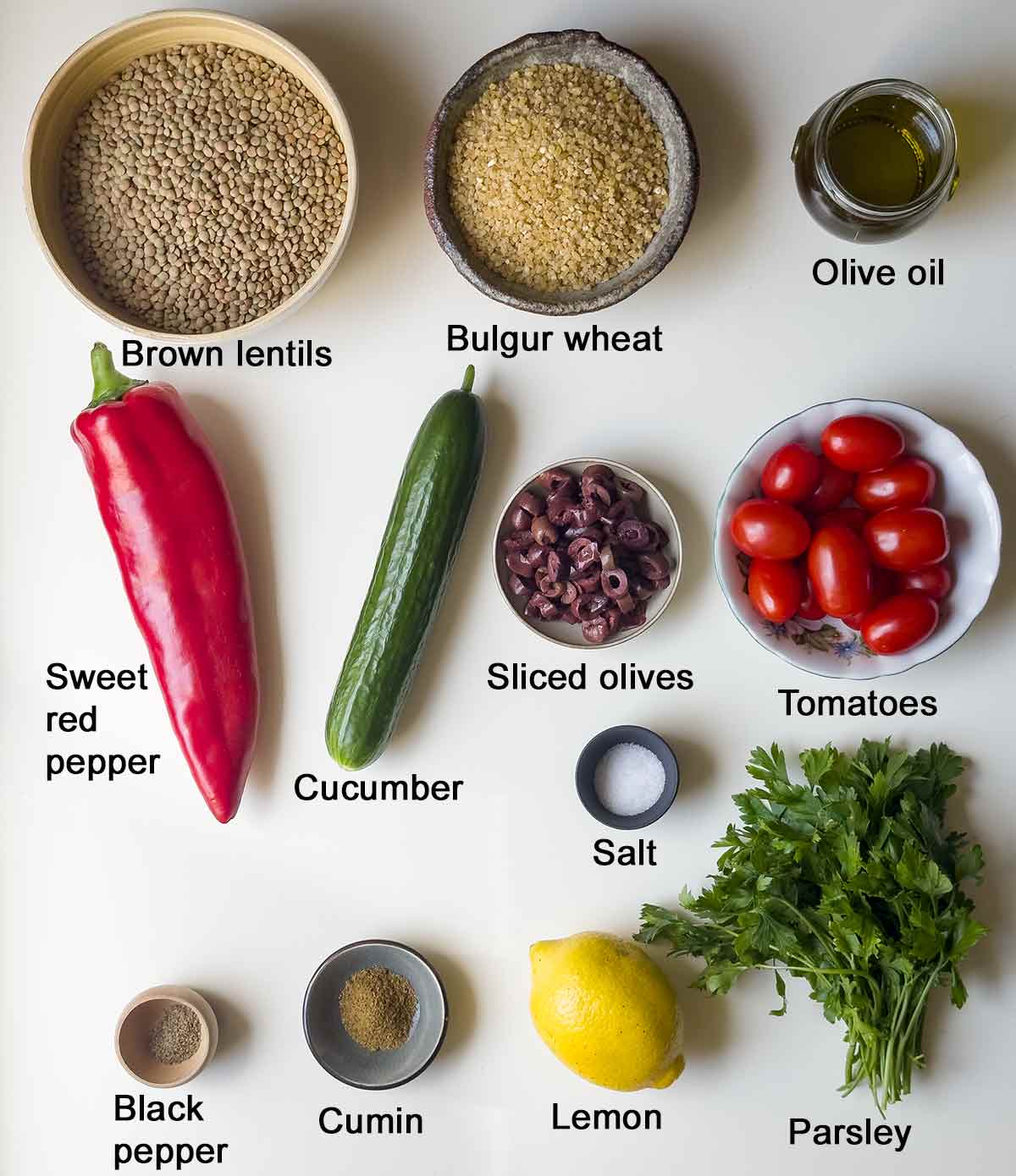 Bulgur and lentil salad ingredients with labels.