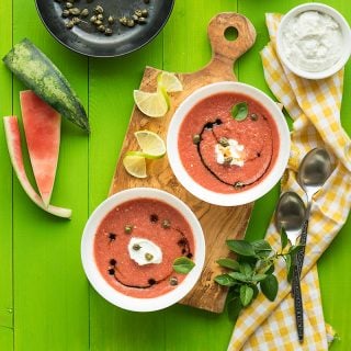 Watermelon gazpacho with feta cream f
