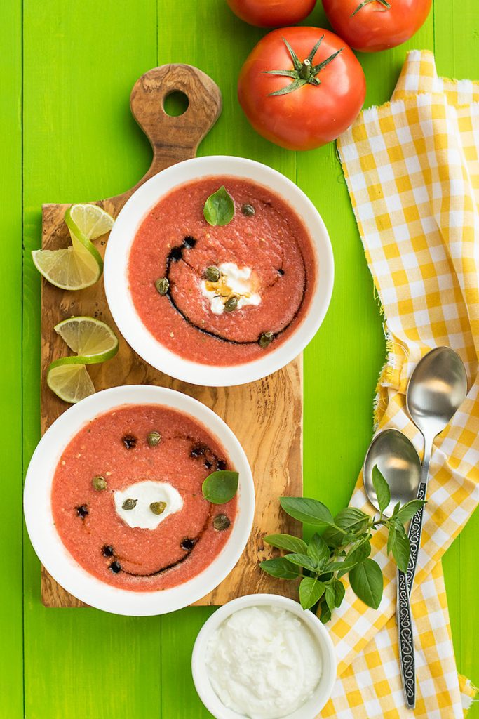 Watermelon gazpacho with feta cream