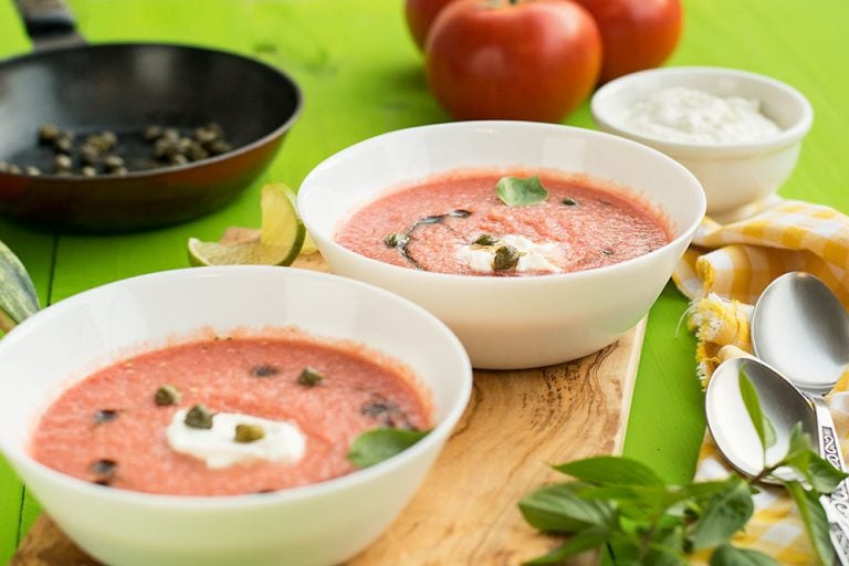 Watermelon gazpacho with feta cream
