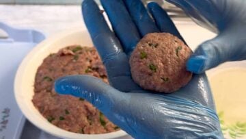Two hands holding a raw meatball.