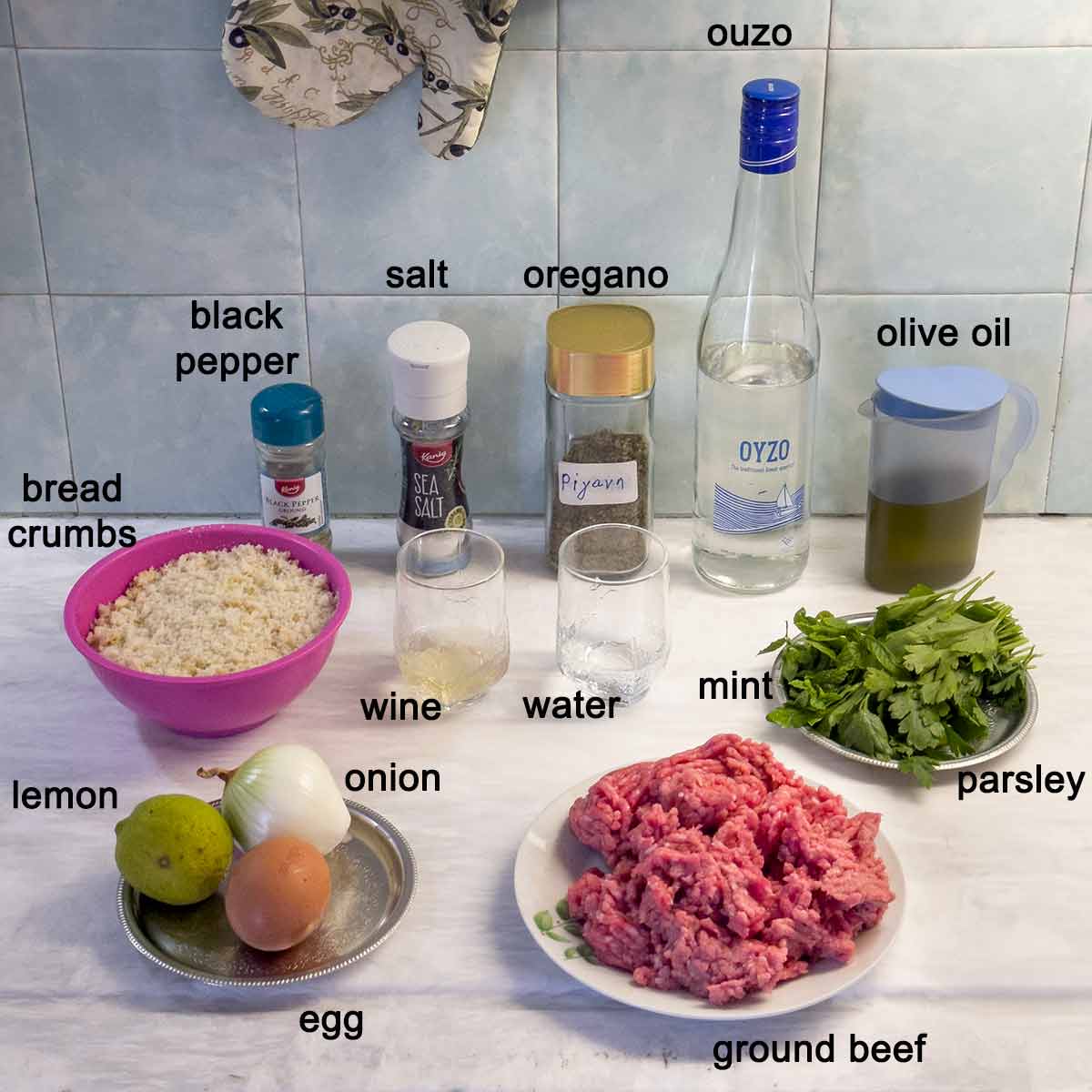 Ingredients for Greek meatballs (Keftethes).