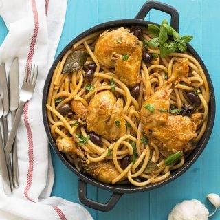 Whole chicken cacciatore stew with bucatini pasta f
