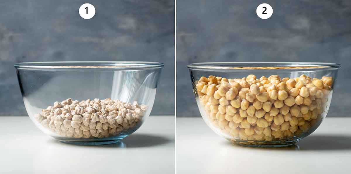 A bowl with dried chickpeas and a bowl with soaked chickpeas.