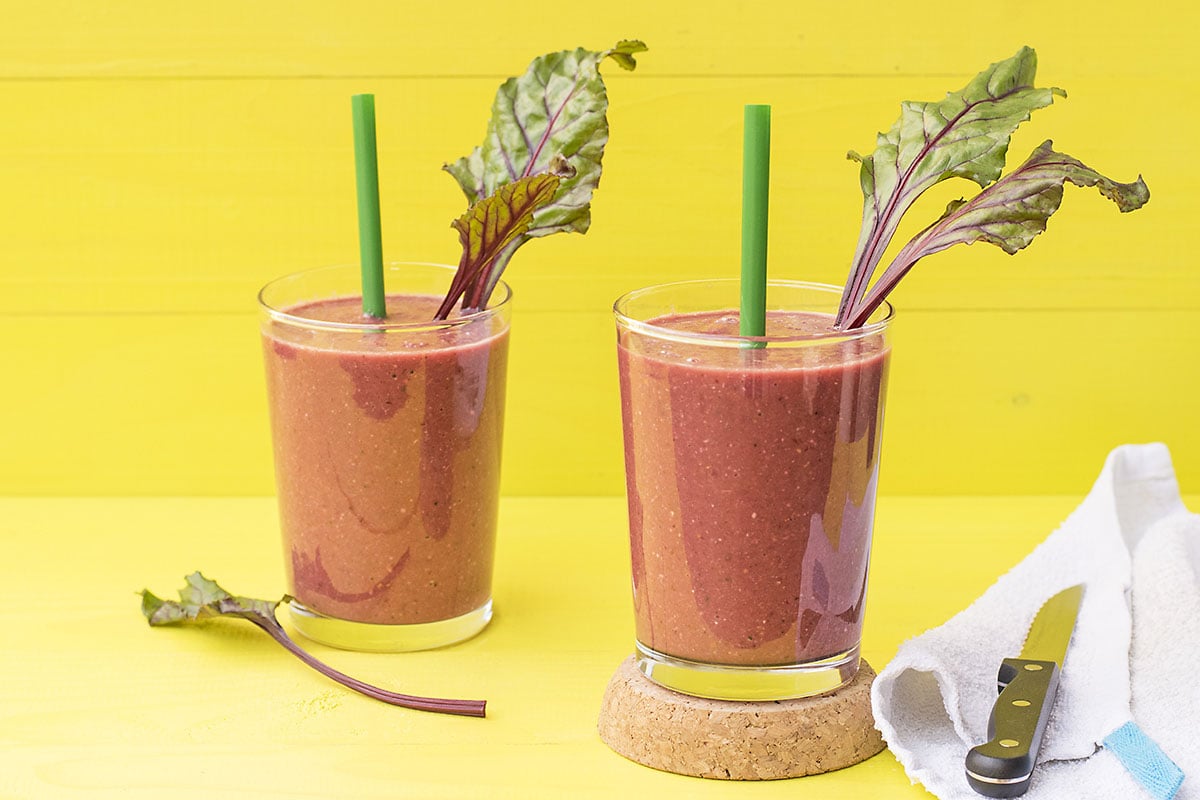 Banana beet greens detox smoothie with superfoods