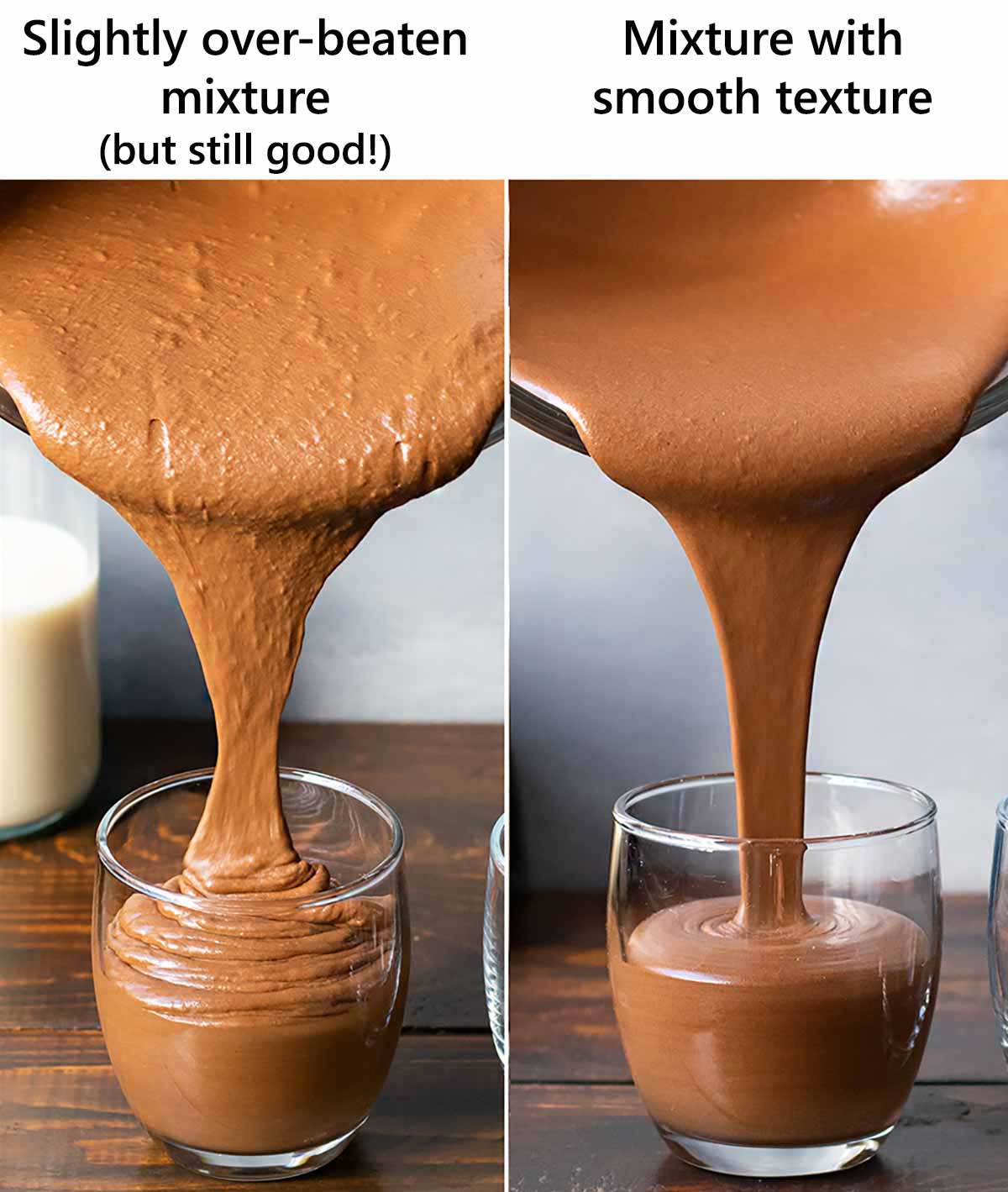 An over-mixed mousse next to a smooth mousse.