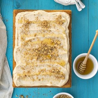 Greek walnut sheet cake (Karidopita) with vanilla custard cream f