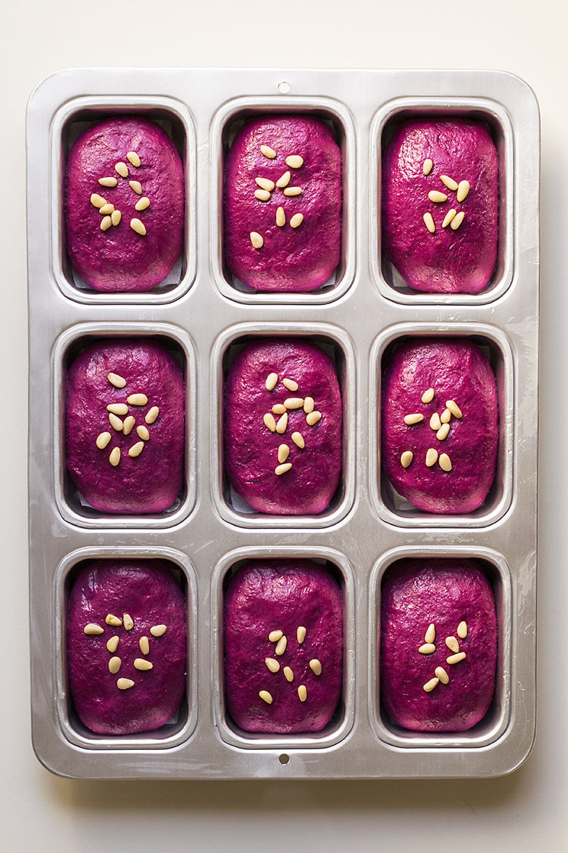 Beet, basil, and olive oil mini bread loaves
