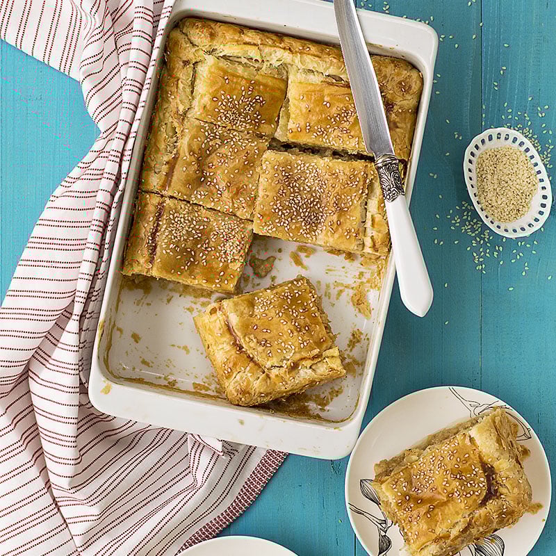 Four cheese savory pie with black tea scented béchamel sauce featured
