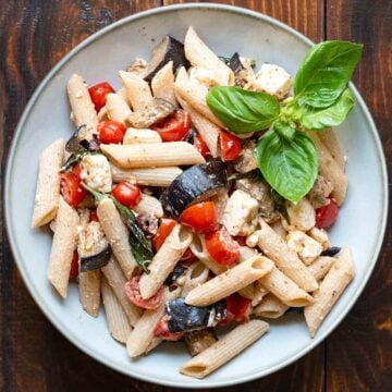 Pasta with sauteed eggplant, tomatoes, feta and basil.