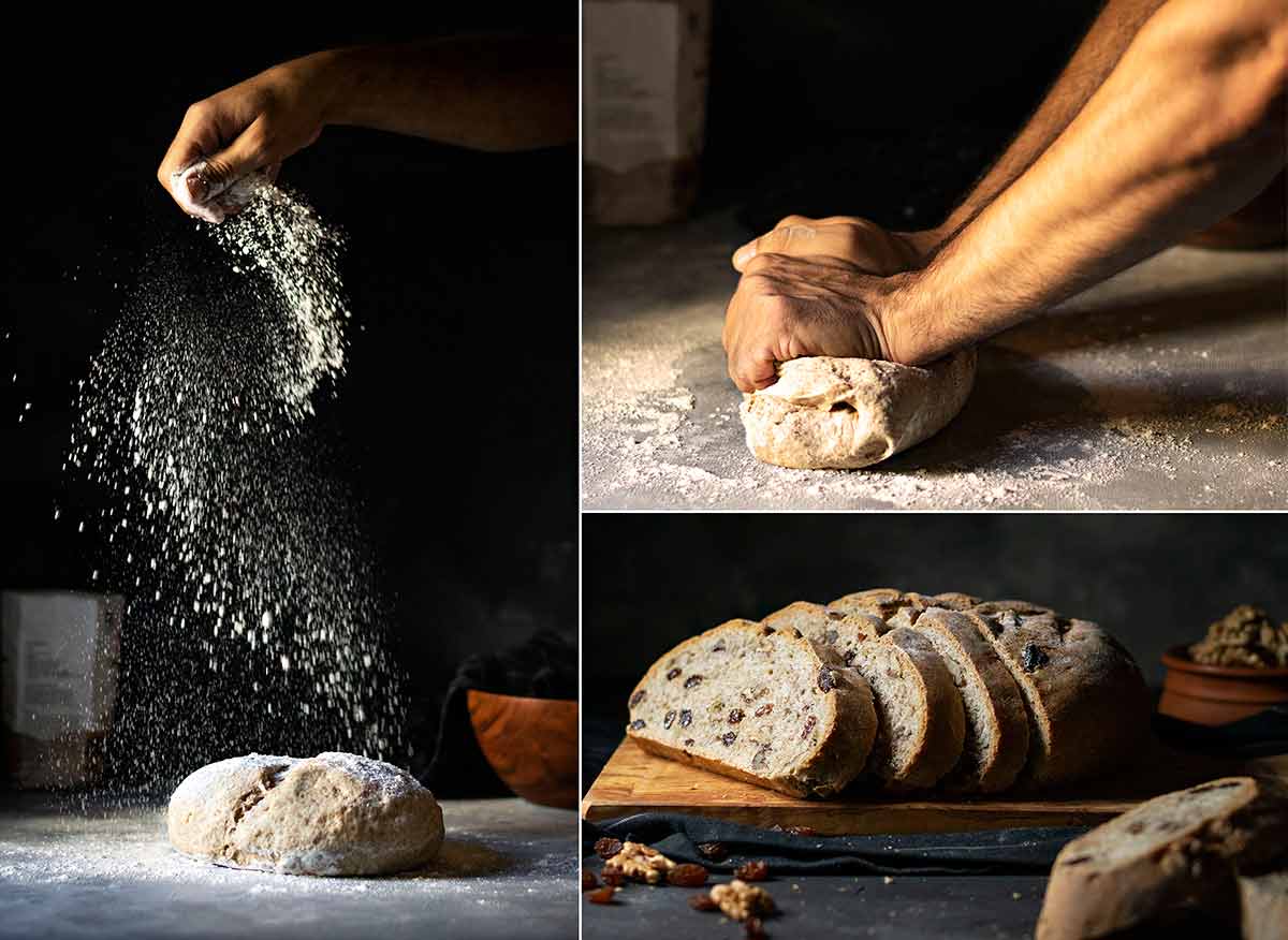 Collage of images showing the process of kneading bread and the finished baked bread.