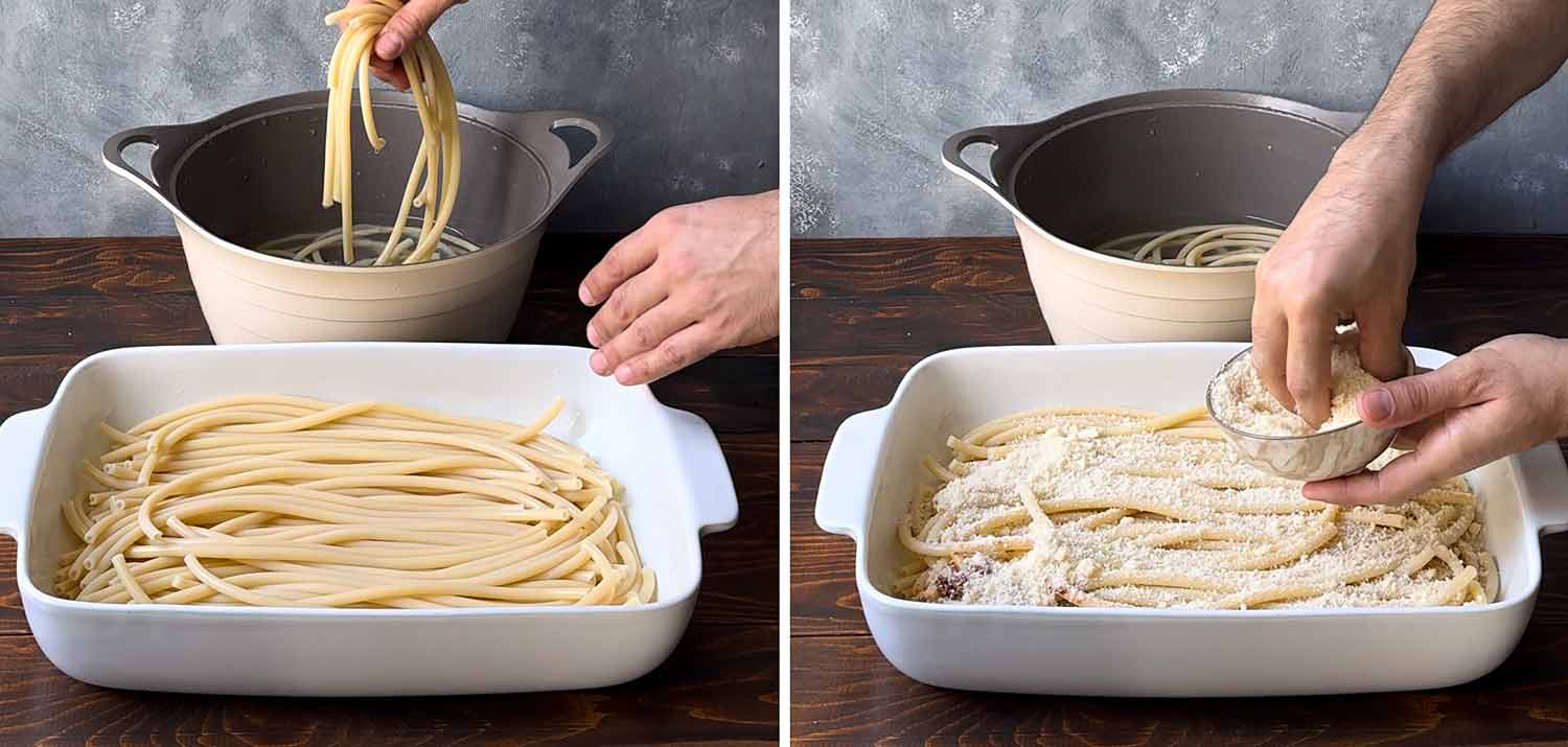Arranging the pasta in the casserole and adding the grated cheese.