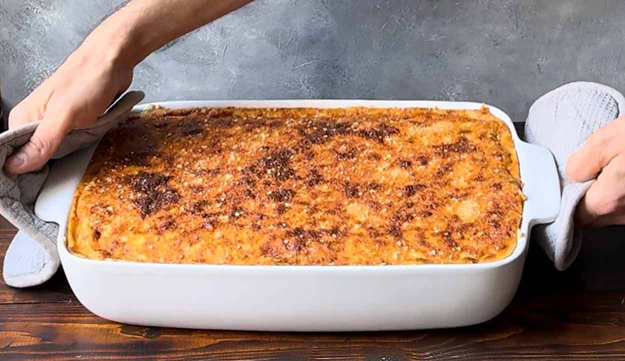 The baked Pastitsio inside the casserole.