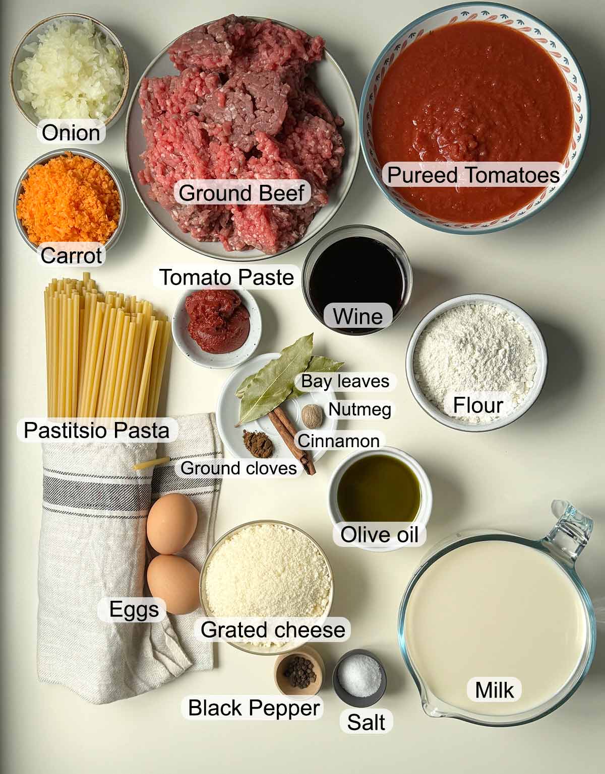 Ingredients for Pastitsio (Greek pasta bake with ground beef and bechamel sauce).