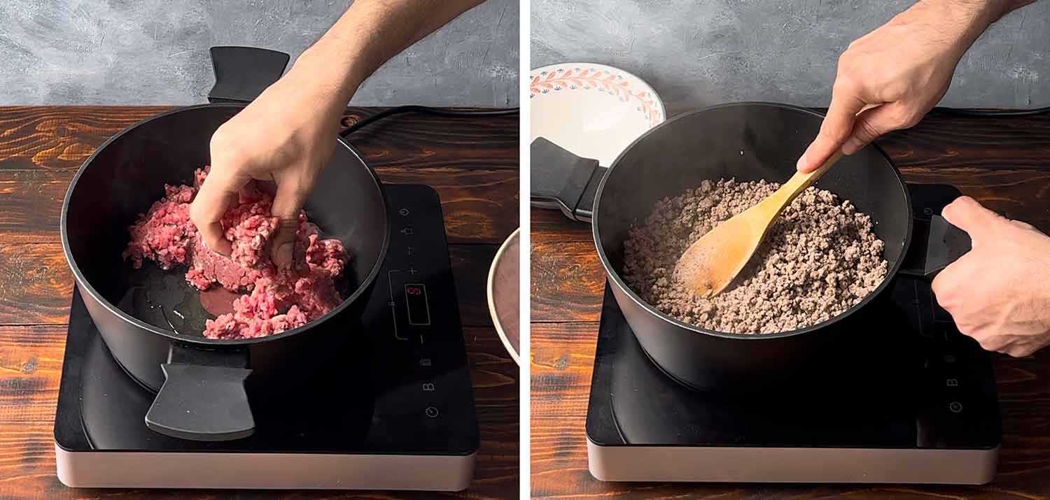 Toasting the ground meat and breaking the lumps.
