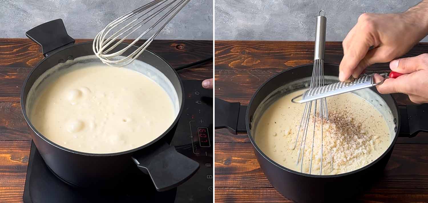 Cooking the bechamel and adding the grated cheese and nutmeg.