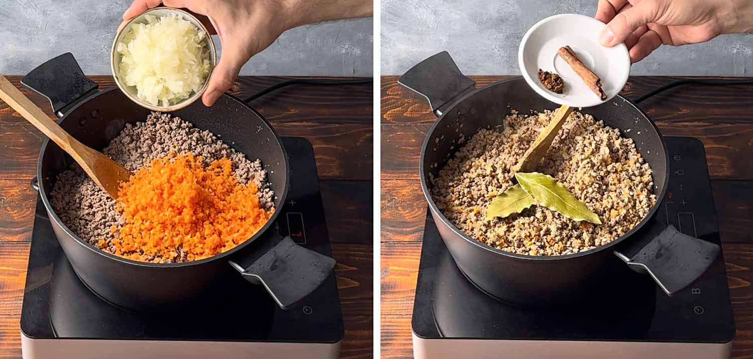 Adding the vegetables and the spices to the ground beef sauce.