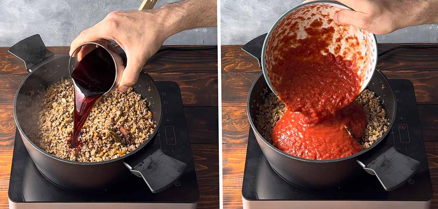 Adding the wine and the pureed tomatoes to the ground beef.
