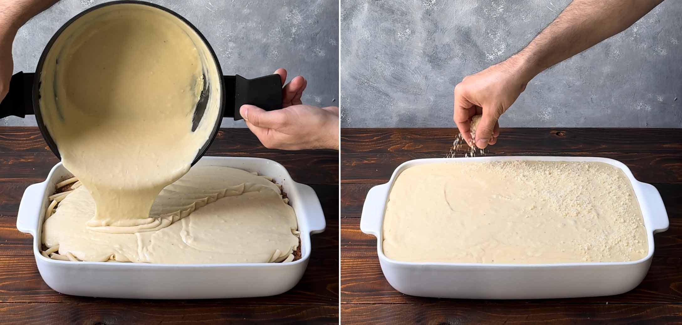 Pouring the bechamel sauce over the pasta and adding grated cheese on top.