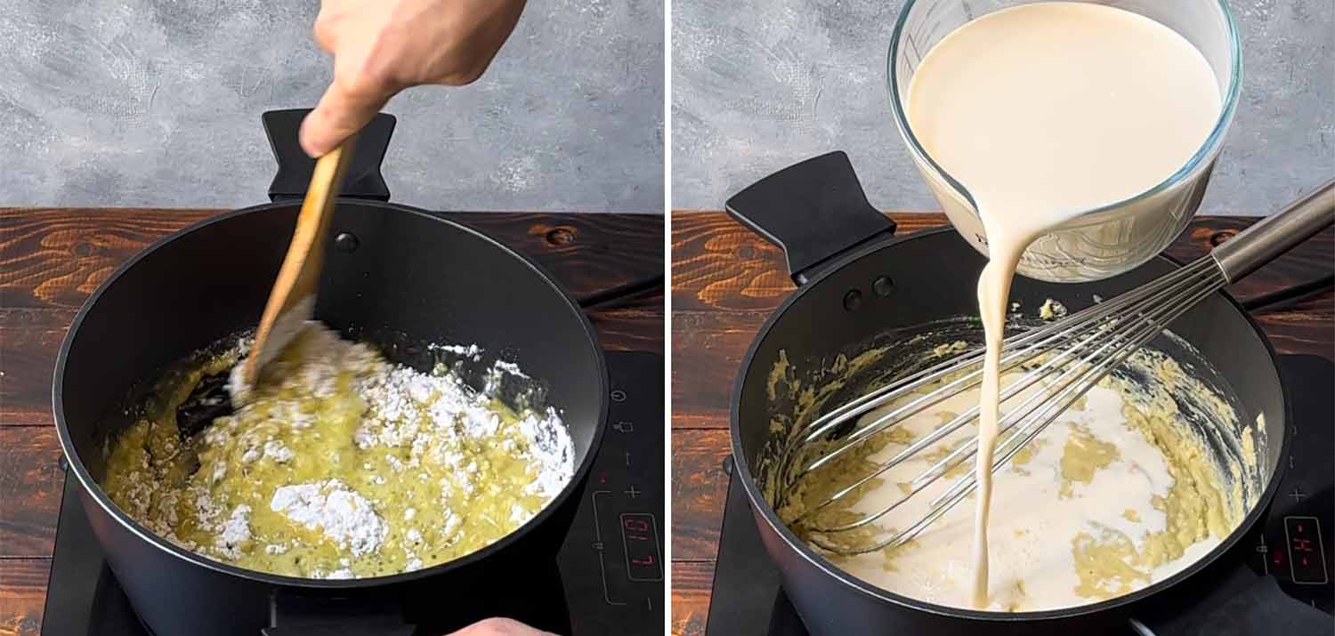 Toasting the flour with the olive oil and adding the milk.